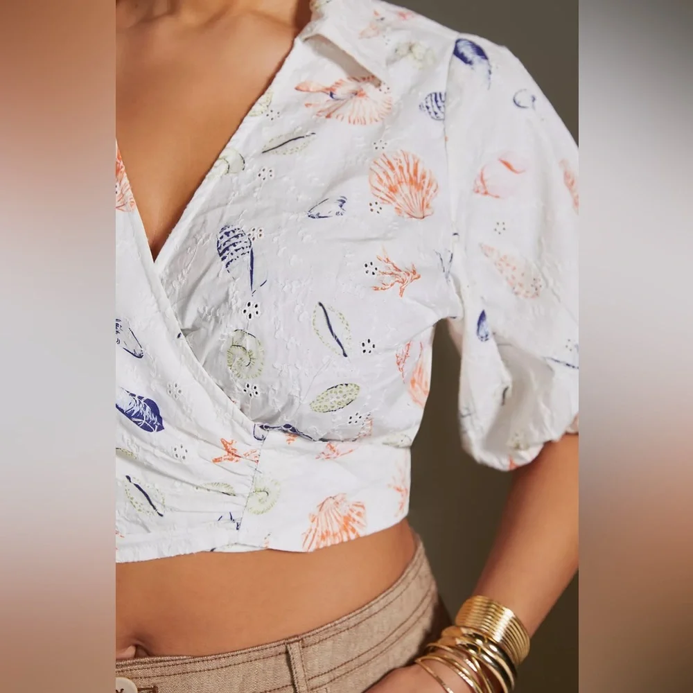 Seashell Embroidered Eyelet Puff-Sleeve Wrap Top